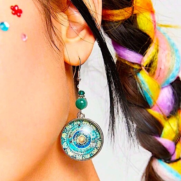 Bohemian Blue Mandala Dangle Earrings Silver Handmade Beaded Hook - Picture 8 of 10